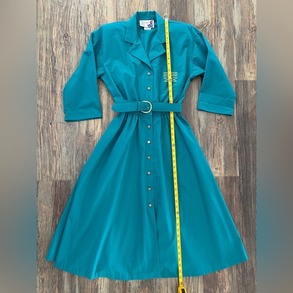 Vtg The American Shirt Dress Womens 8 Midi Belted Teal w/Gold Embroidery Buttons - Picture 3 of 14